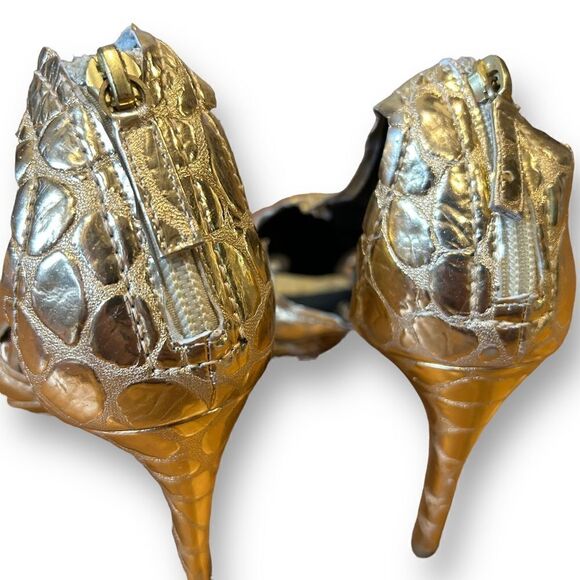 Rupert Sanderson Gold Gladiator Croc Reptile Leaf Print open Toe Heel Sandals - Picture 5 of 10